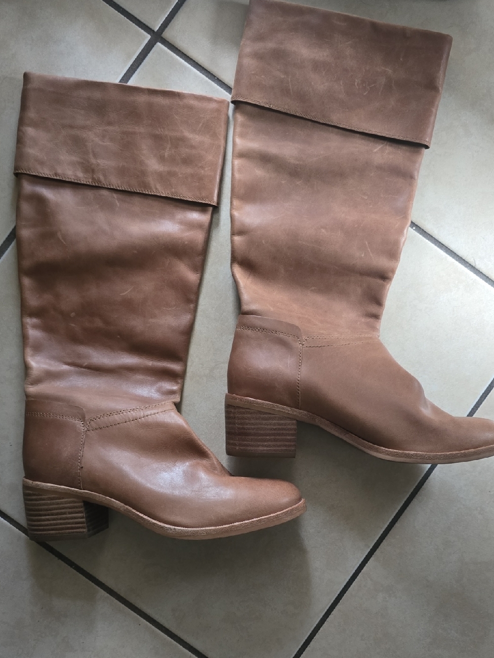 UGG Women's Fold-Over Leather Mid-Calf Boots in Taupe. Style Carlin